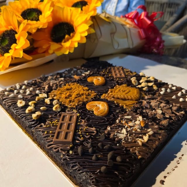 Loaded brownie board with sunflowers